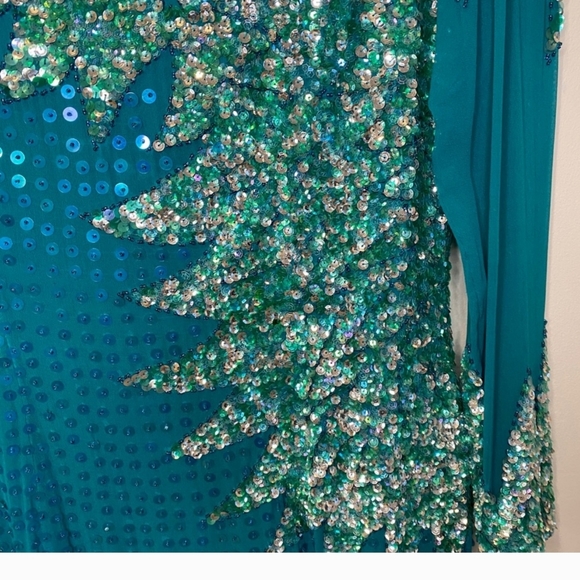 Vintage Landa Aqua Green Silk Sequin Beaded Long Evening Gown - Picture 7 of 9